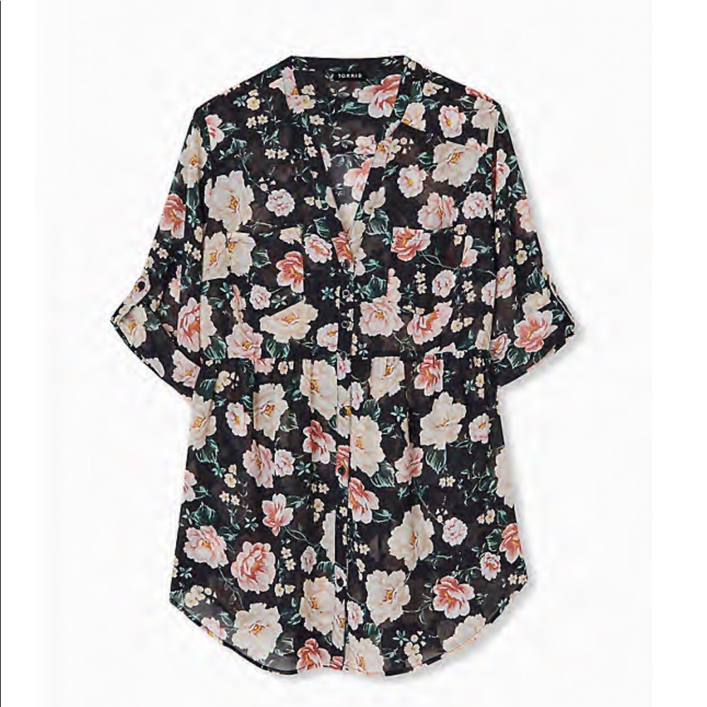 Torrid black floral chiffon “Emma” style tunic, 0X, NWT